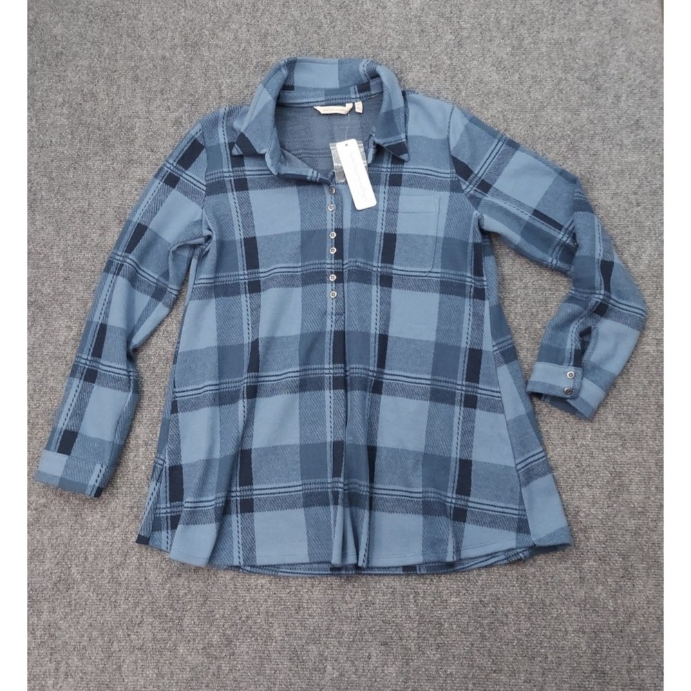 Soft Surroundings Flannel Tunic Shirt Womens Small Blue Pliad Button Roll Tab